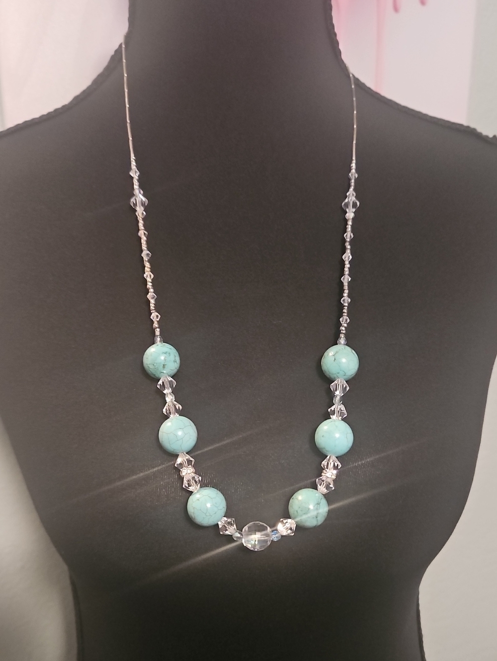 Turquoise Colored (Dyed Howelite) Bead and Crystal Women’s Necklace